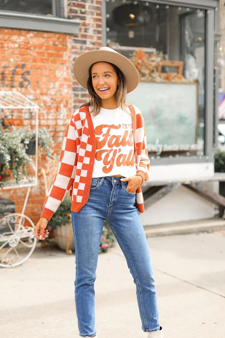 Ophelia Orange Checkered Cardigan - S/M Through Extended Sizes