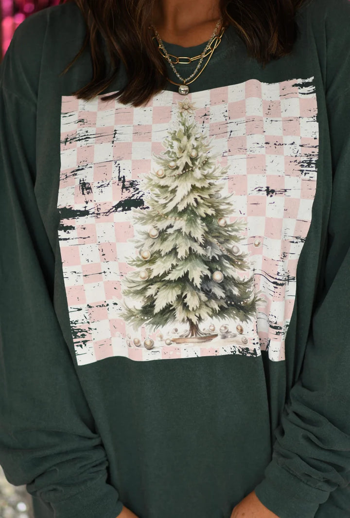 Blue Spruce Pink Distressed Checkered Christmas Tree Tee - FINAL SALE - 2 Style Options - Small Through Extended Sizes