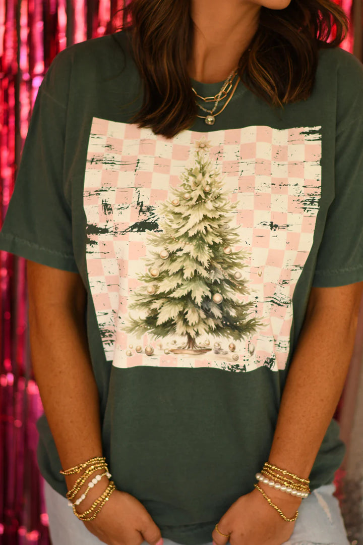 Blue Spruce Pink Distressed Checkered Christmas Tree Tee - FINAL SALE - 2 Style Options - Small Through Extended Sizes