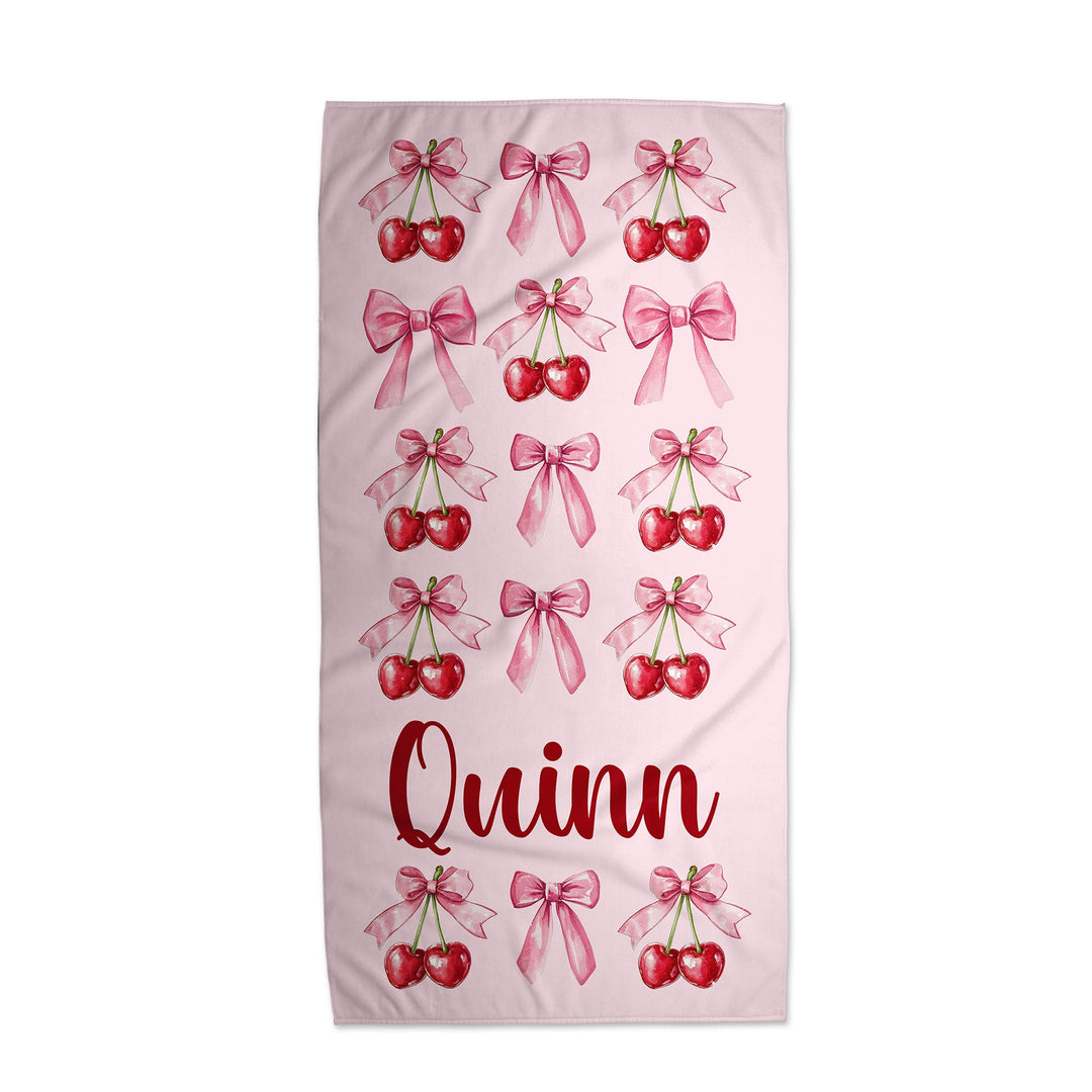 Pink Cherries and Bow Personalized Beach Towel 