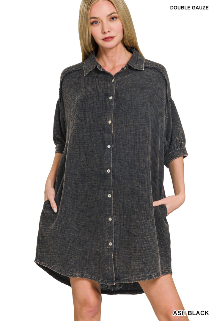 Washed Double Gauze Button Down Shirt Dress - 2 Color Options