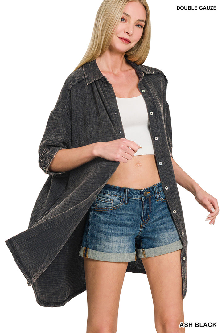 Washed Double Gauze Button Down Shirt Dress - 2 Color Options