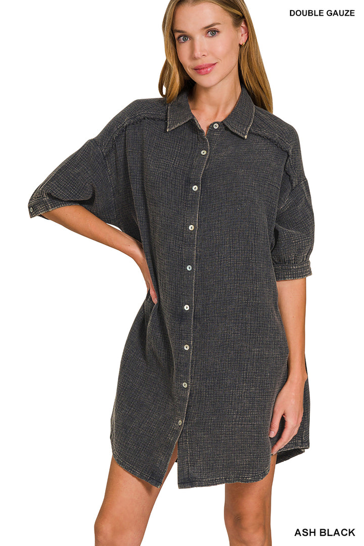 Washed Double Gauze Button Down Shirt Dress - 2 Color Options