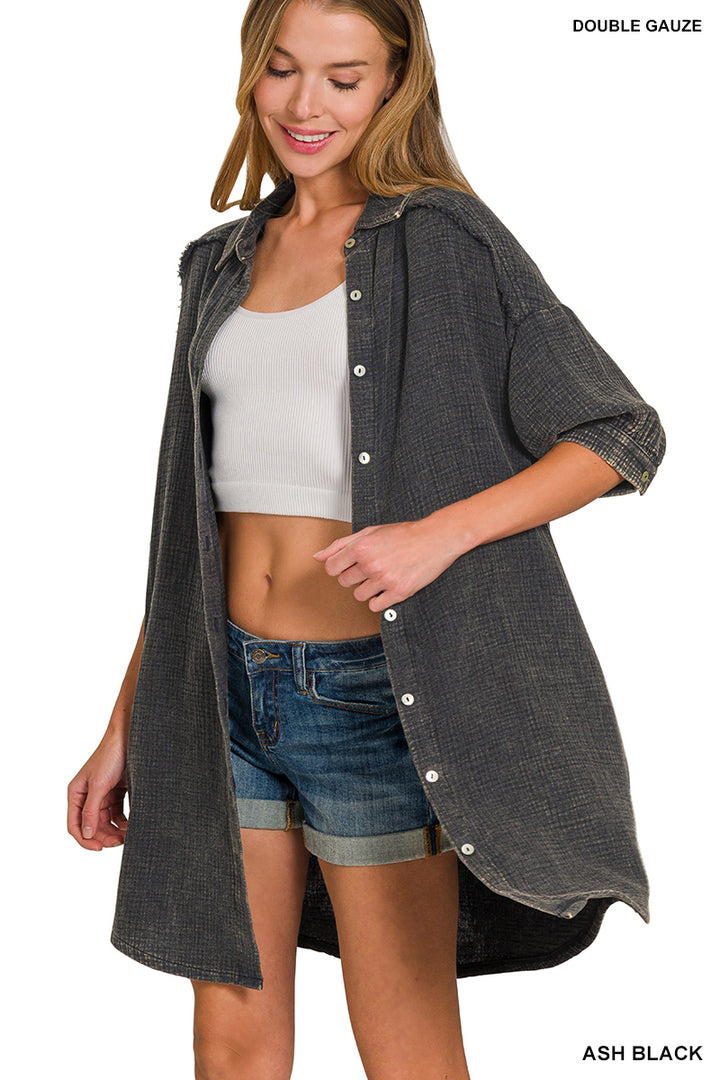 Washed Double Gauze Button Down Shirt Dress - 2 Color Options