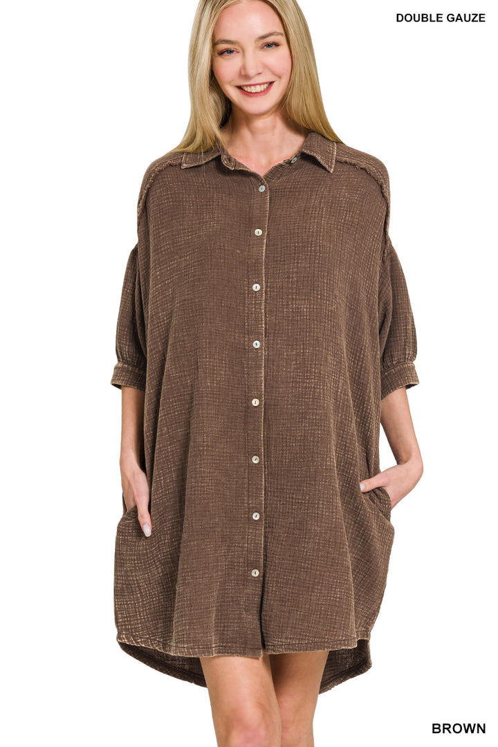 Washed Double Gauze Button Down Shirt Dress - 2 Color Options