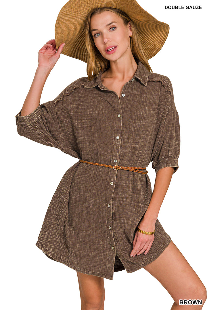 Washed Double Gauze Button Down Shirt Dress - 2 Color Options