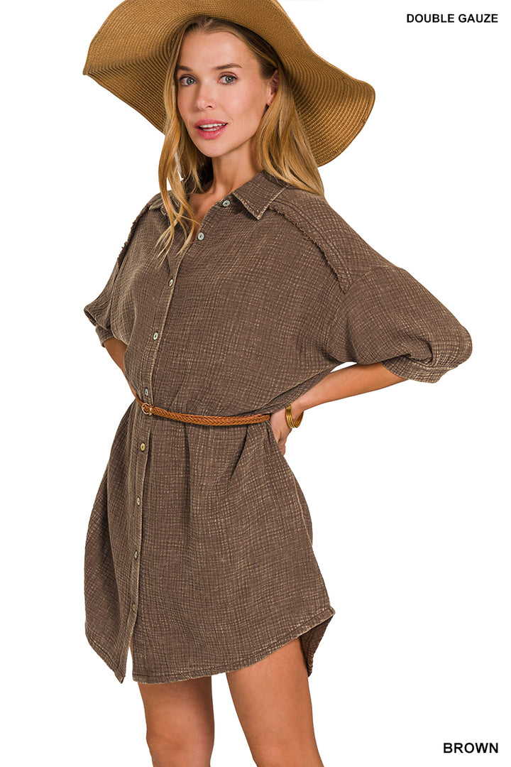Washed Double Gauze Button Down Shirt Dress - 2 Color Options