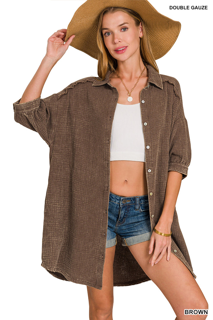 Washed Double Gauze Button Down Shirt Dress - 2 Color Options