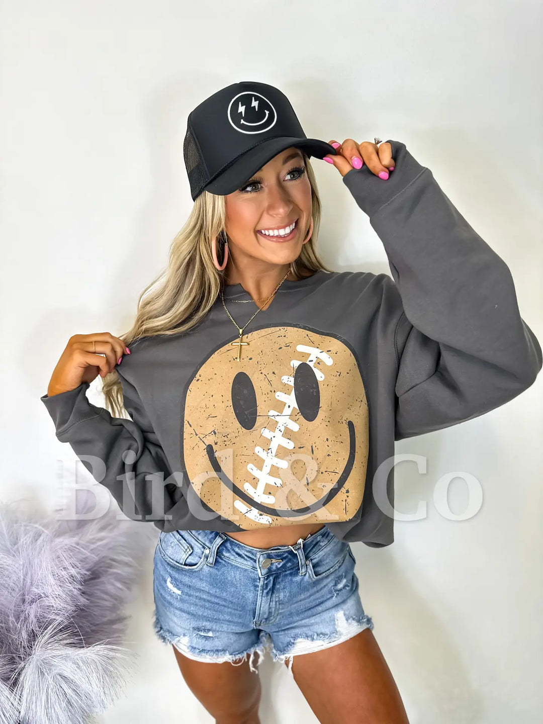 Charcoal Retro Football Smiley Split Neck Sweatshirt - Medium Through Extended Sizes