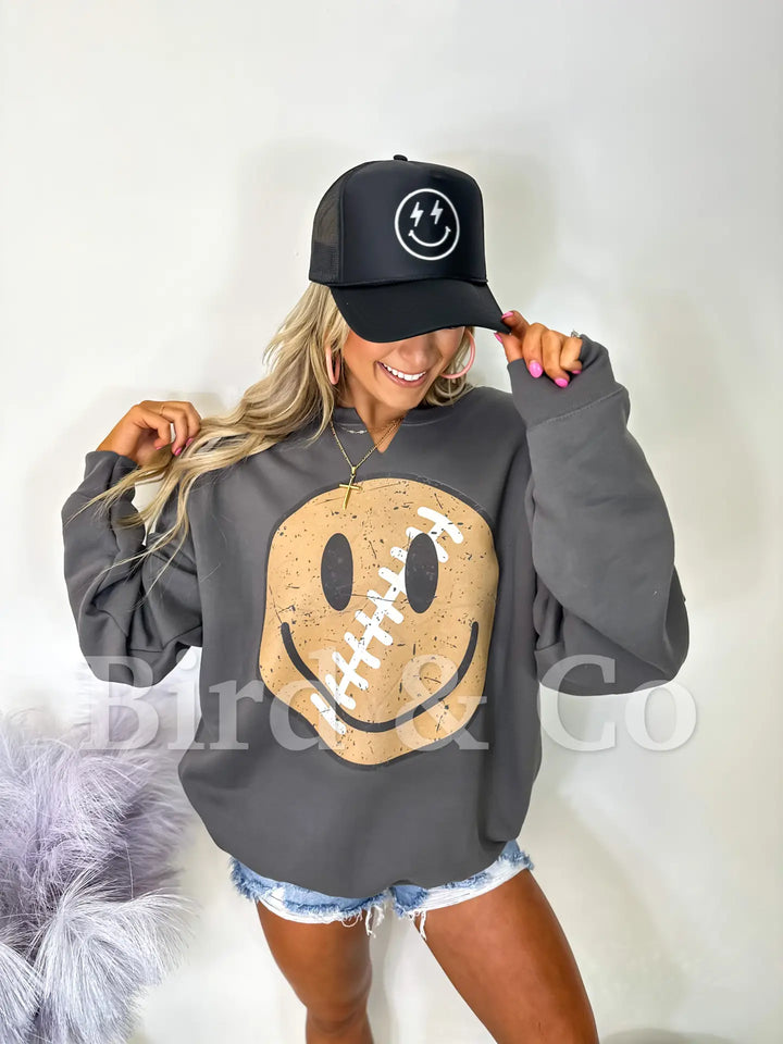 Charcoal Retro Football Smiley Split Neck Sweatshirt - Medium Through Extended Sizes