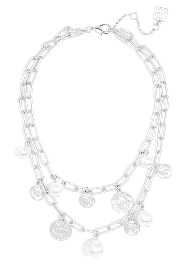 Matte Metal Link Collar Necklace w/Pearl and Coin Charms - Silver / Gold