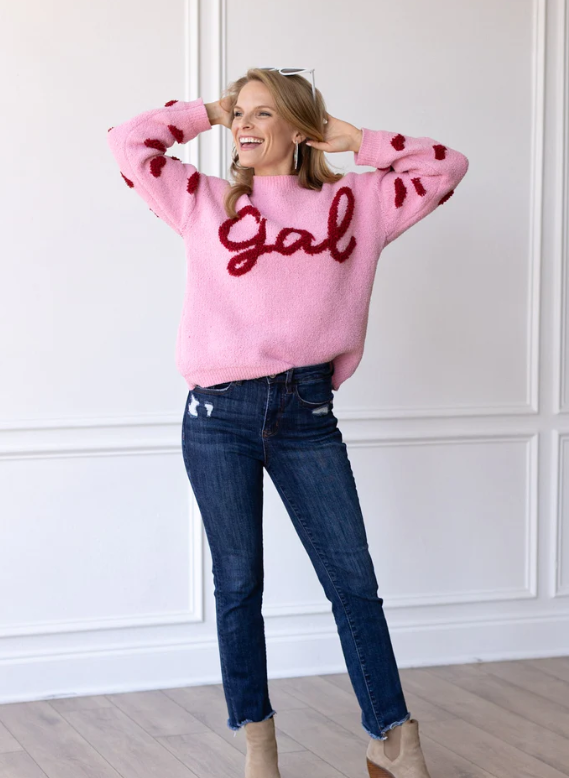 Pink "Gal" Fuzzy Sweater - S-Extended Sizes - Final Sale