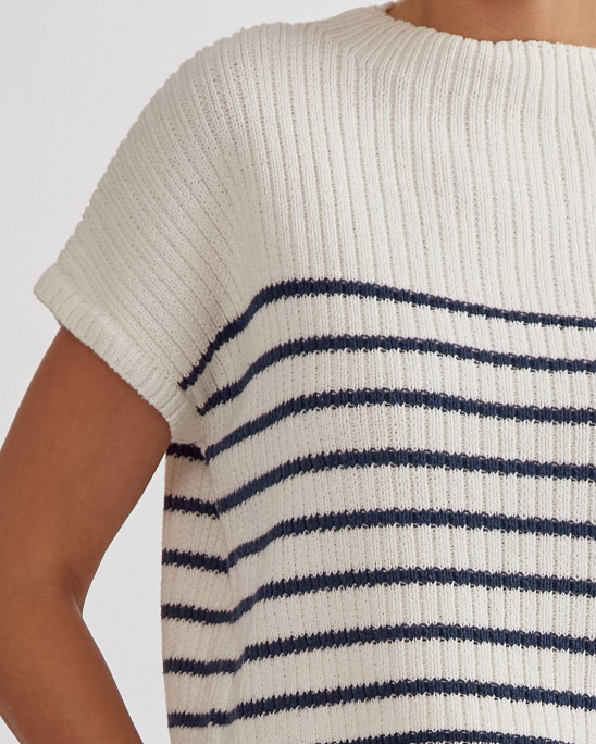 Navy Knitted Mock Neck Sleeveless Top W/ Stripes - Available in S-Extended Sizes