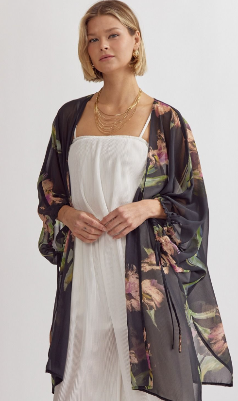 Black Floral Print 3/4 Sleeve Kimono