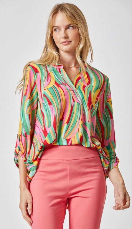 Pink Multi Abstract Top W/ Collared Neckline- Available S - Extended Sizes