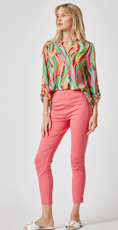 Pink Multi Abstract Top W/ Collared Neckline- Available S - Extended Sizes