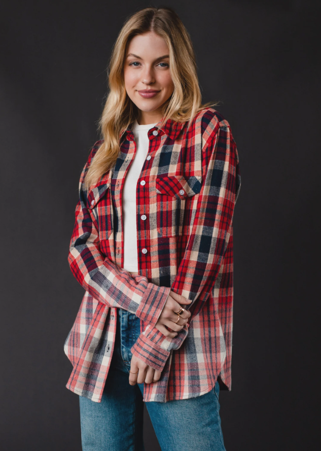 Red, Navy, & Tan Plaid Flannel