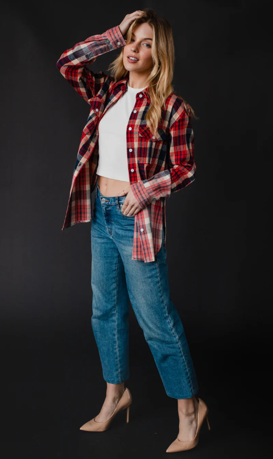 Red, Navy, & Tan Plaid Flannel