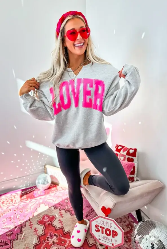 Pre-Order: Lover Ash Gray Split Neck Graphic Crewneck - Final Sale