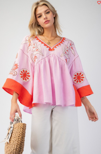 Lilac Red Embroidery Babydoll Top