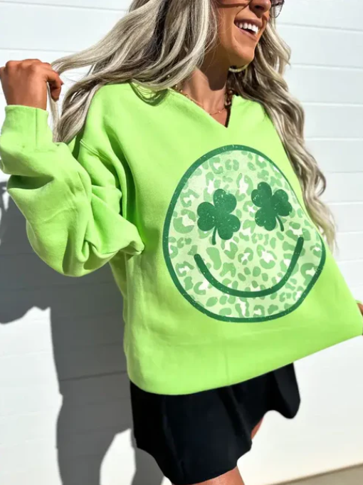 Pre-Order: Clover Smiley Split Neck Lime Graphic Crewneck