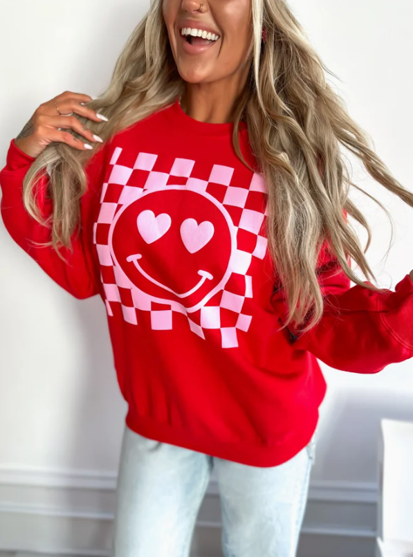 Checkered Heart Smiley Graphic Crewneck