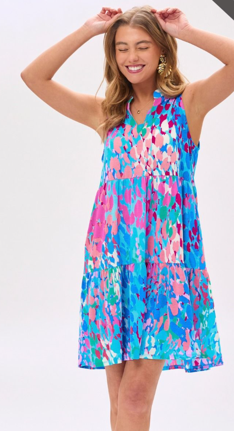 Blue Patterned Tiered Dress - Available S-Extended Sizes