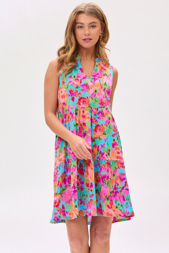 Aqua Pink Floral Tiered Dress - Available S-Extended Sizes