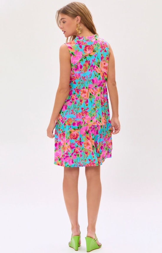 Aqua Pink Floral Tiered Dress - Available S-Extended Sizes