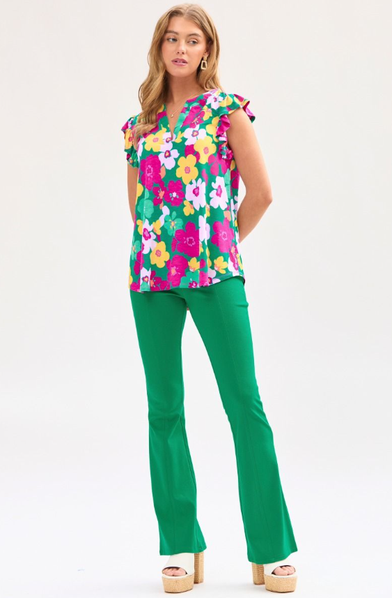 Emerald Floral Flutter Sleeve Top - Available S-Extended Sizes