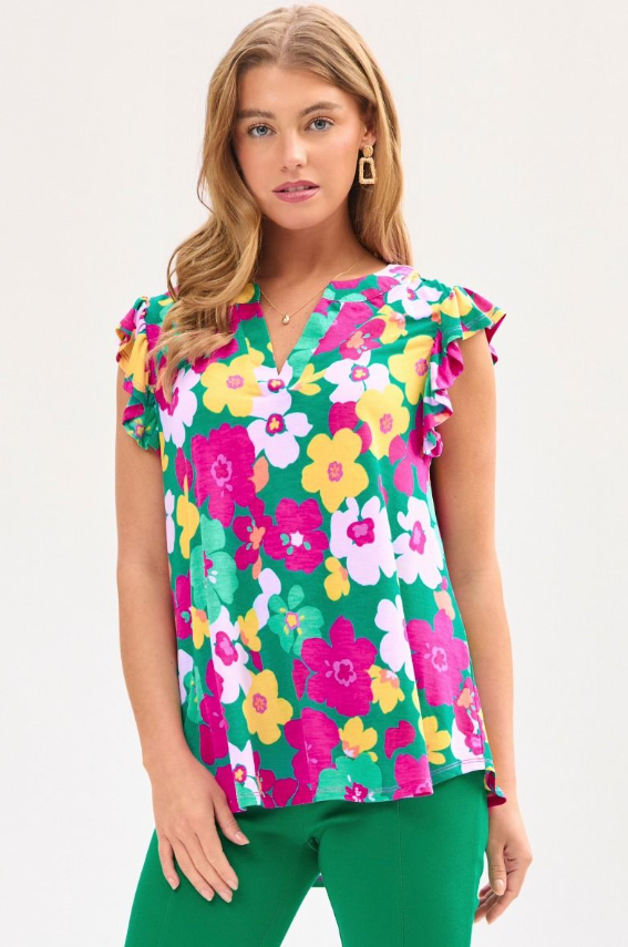 Emerald Floral Flutter Sleeve Top - Available S-Extended Sizes