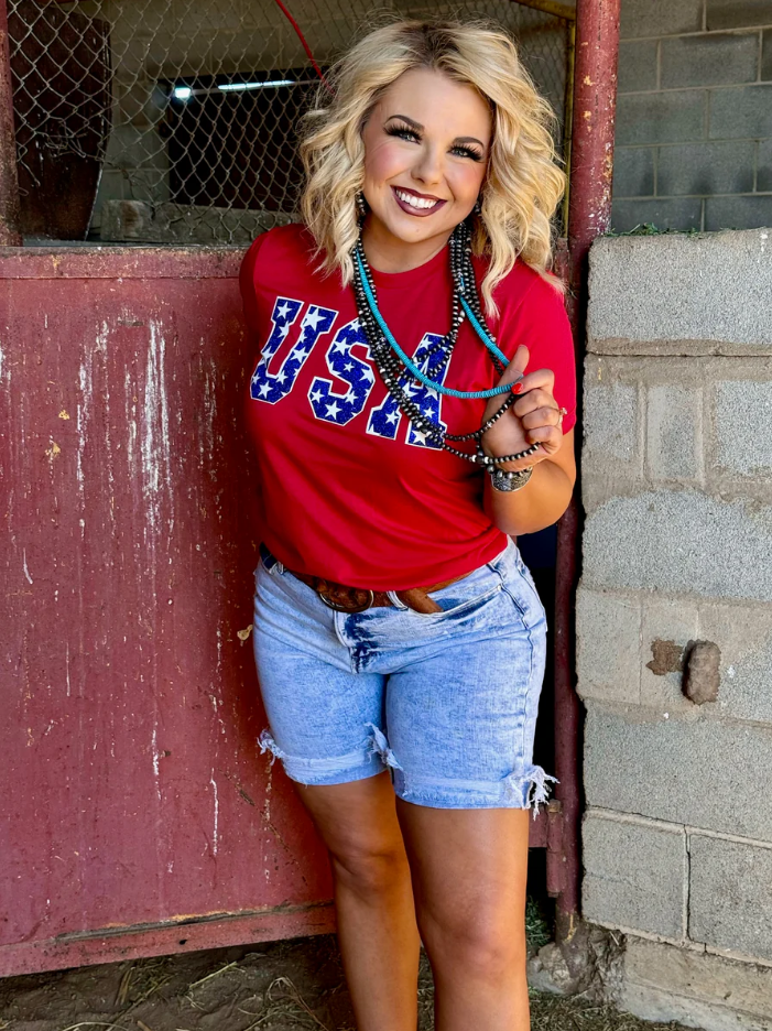 Red USA Tee in Blue Glitter