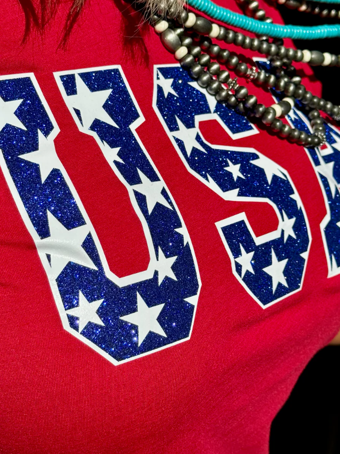 Red USA Tee in Blue Glitter