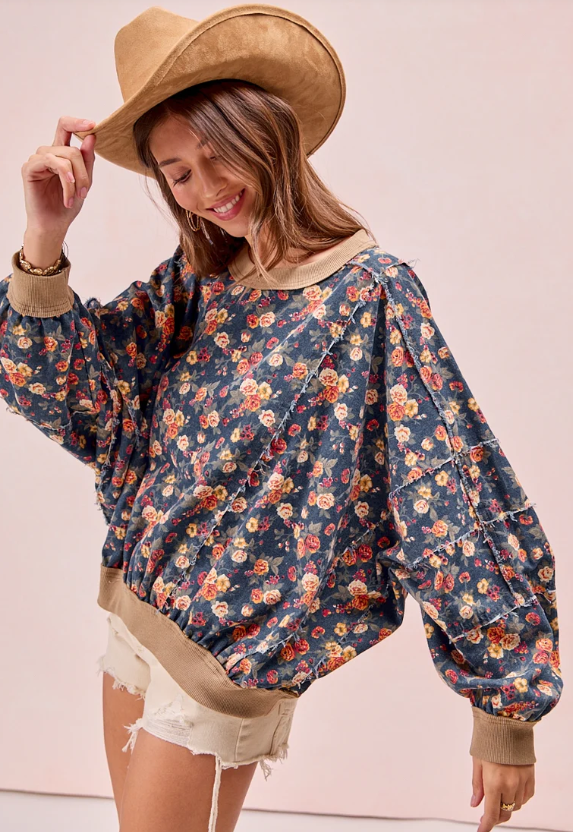 Washed Floral Denim Sweatshirt