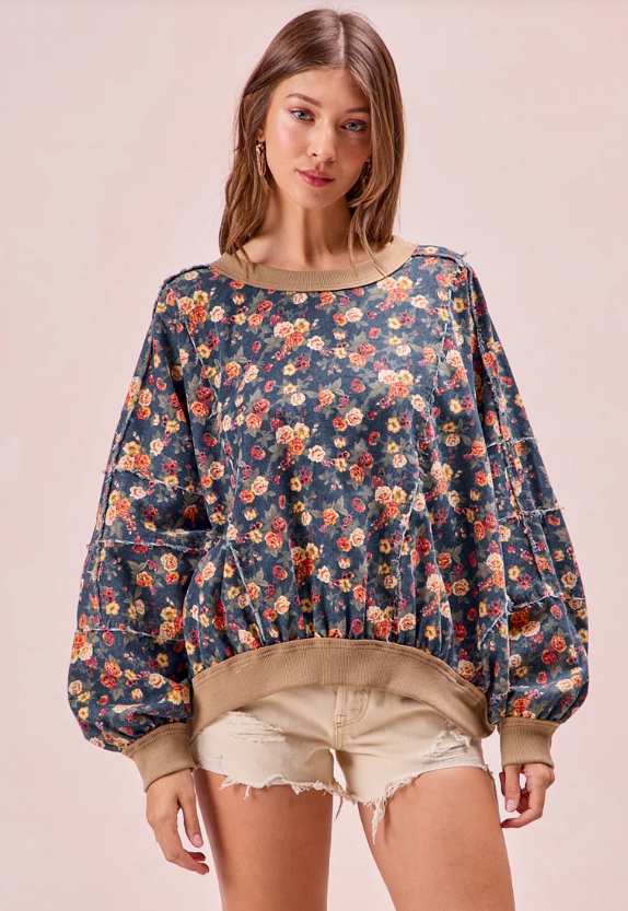 Washed Floral Denim Sweatshirt