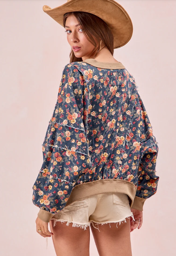Washed Floral Denim Sweatshirt