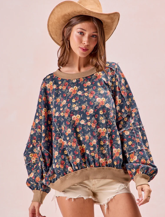 Washed Floral Denim Sweatshirt