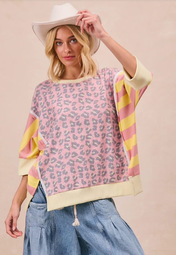 Oversized Animal Print and Stripes Top