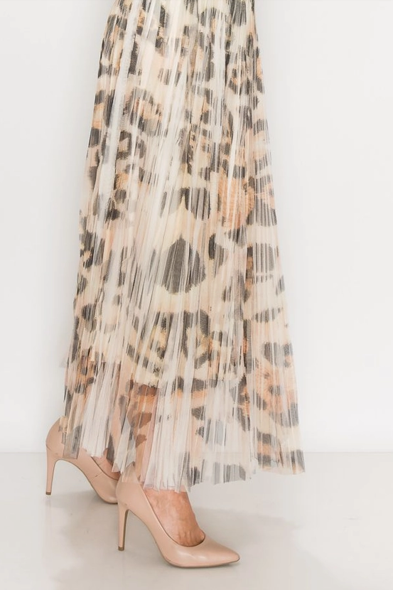 Animal Print Lined Pleated Tulle Midi Skirt w/ Elastic Waist