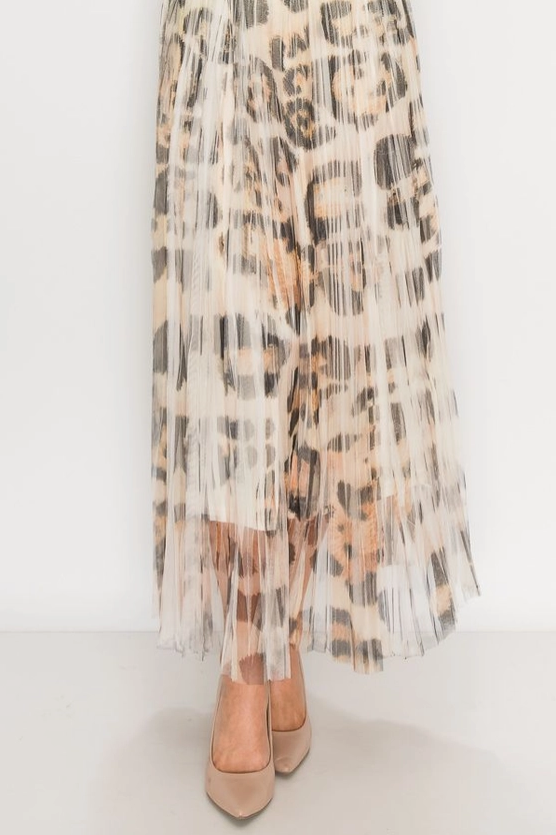 Animal Print Lined Pleated Tulle Midi Skirt w/ Elastic Waist