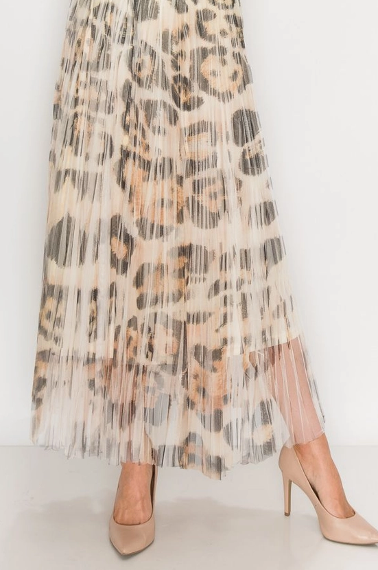 Animal Print Lined Pleated Tulle Midi Skirt w/ Elastic Waist