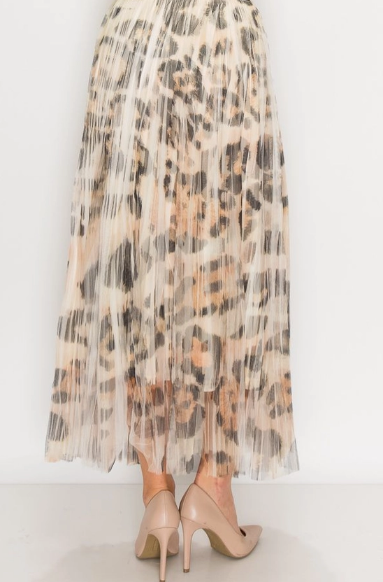 Animal Print Lined Pleated Tulle Midi Skirt w/ Elastic Waist