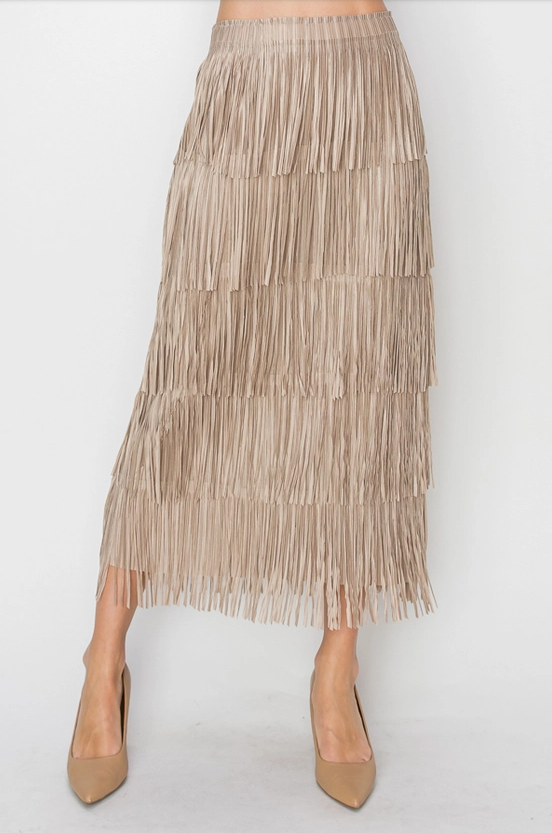 Taupe Layered Fringe Tiered Maxi Skirt