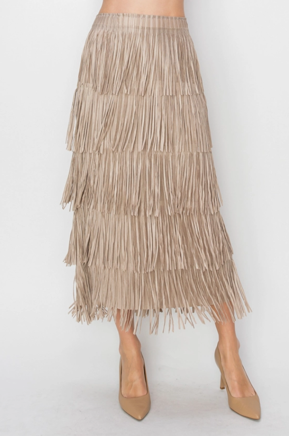 Taupe Layered Fringe Tiered Maxi Skirt