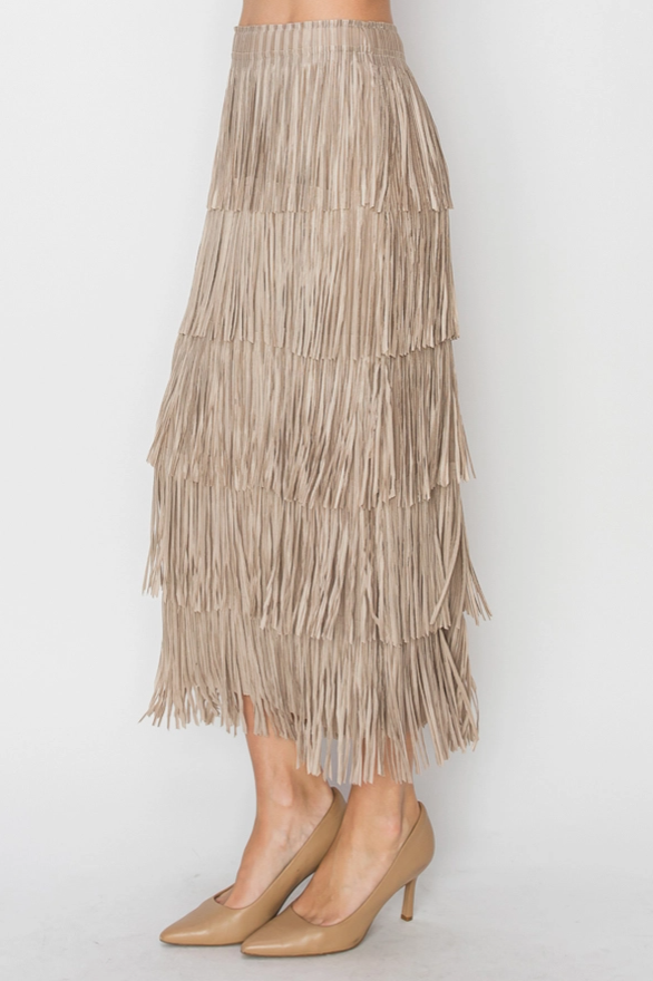 Taupe Layered Fringe Tiered Maxi Skirt