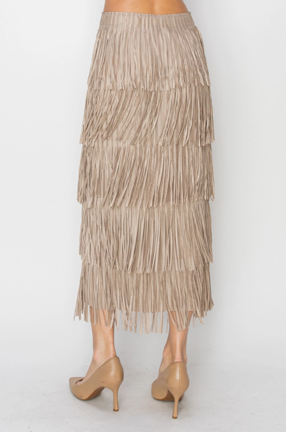 Taupe Layered Fringe Tiered Maxi Skirt