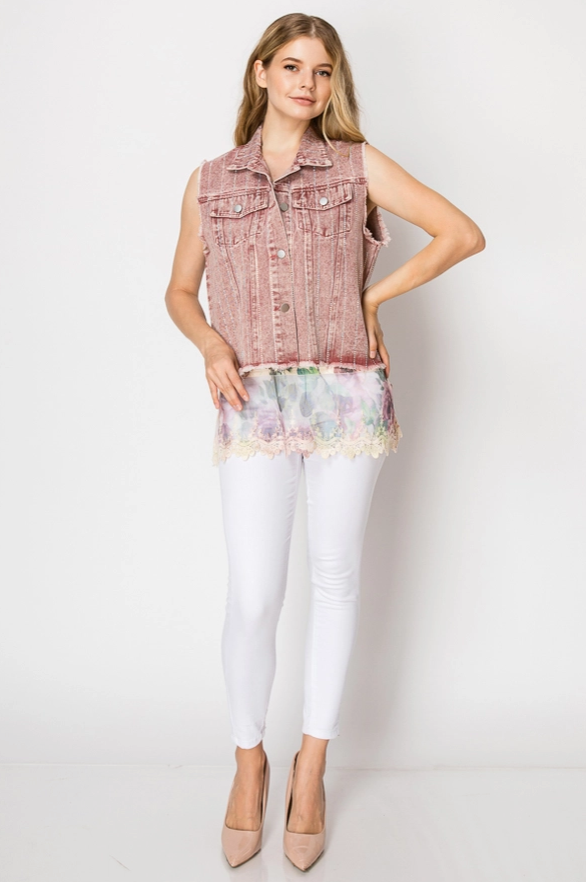 Raspberry Denim Vest w/ Stripe Sparkle Design