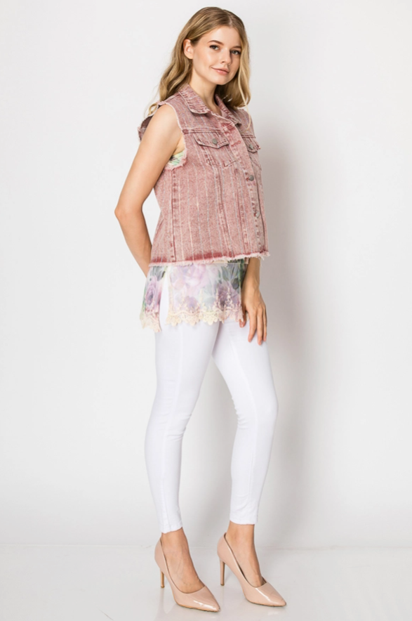 Raspberry Denim Vest w/ Stripe Sparkle Design
