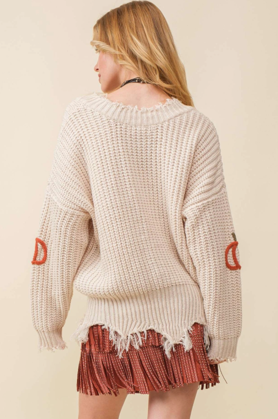 Ivory Pumpkin Patch V-Neck Frayed Sweater