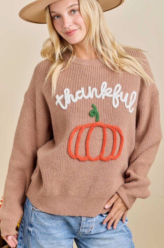 Dusty Brown Thankful Pumpkin 3D Embroidered Sweater